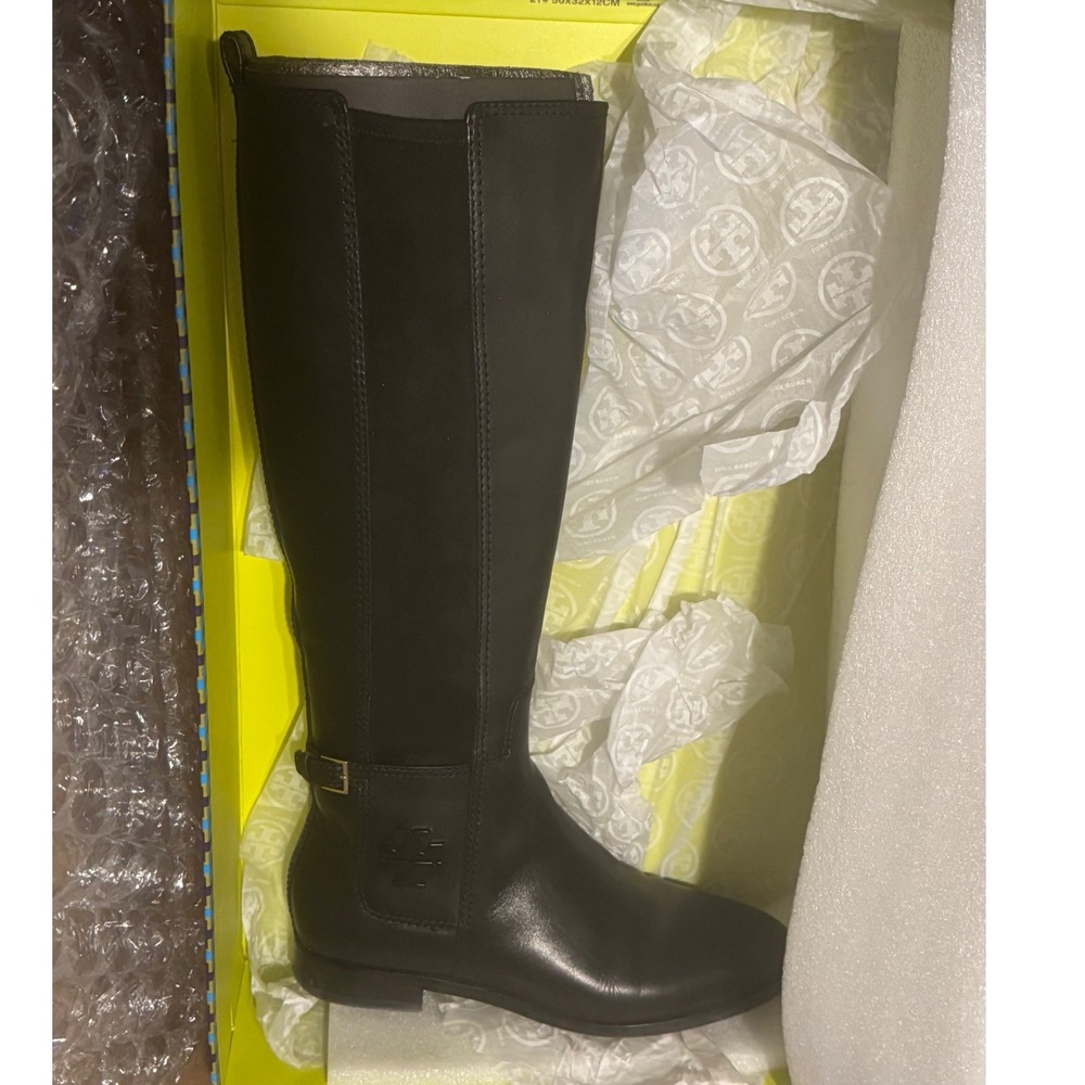Tory Burch Black Leather Ryan Riding Boots Shoes Round Toe Zipper Size 7.5 M